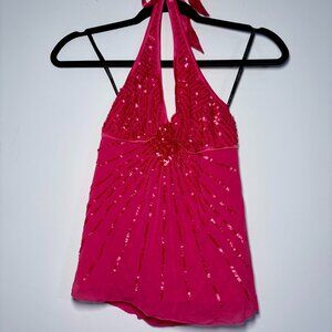 Bebe Y2K Pink Sequin Halter Top XS Side Zip